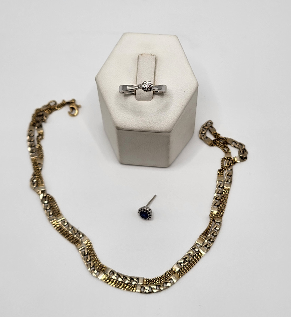 Catena orecchino e anello inj oro diamantino pietre 