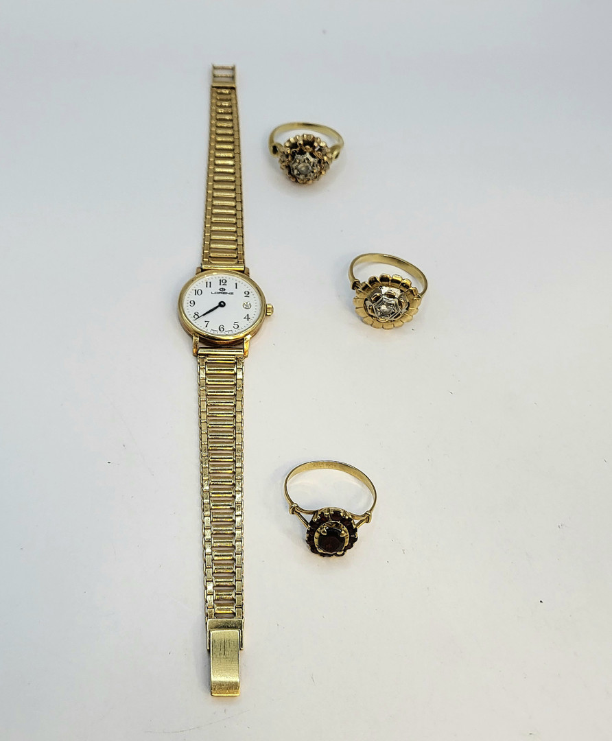 Orologio e tre anelli oro pietre