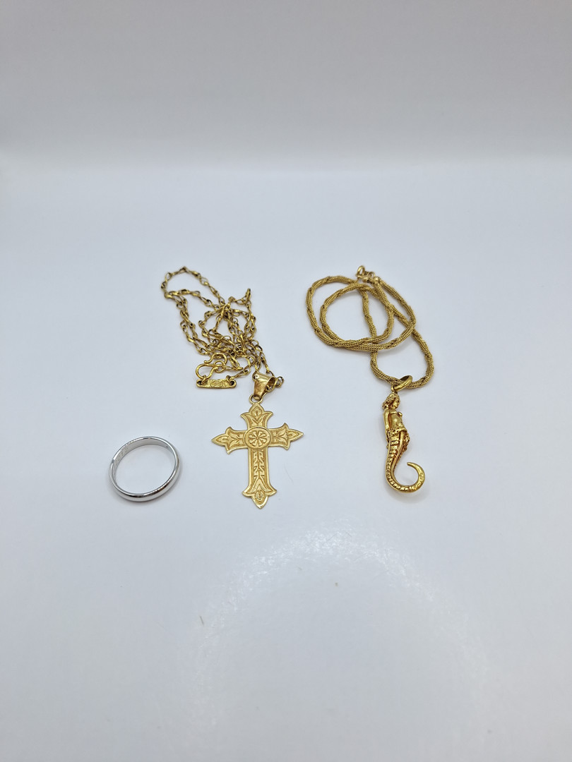 Due collane due ciondoli e anello oro diamantino