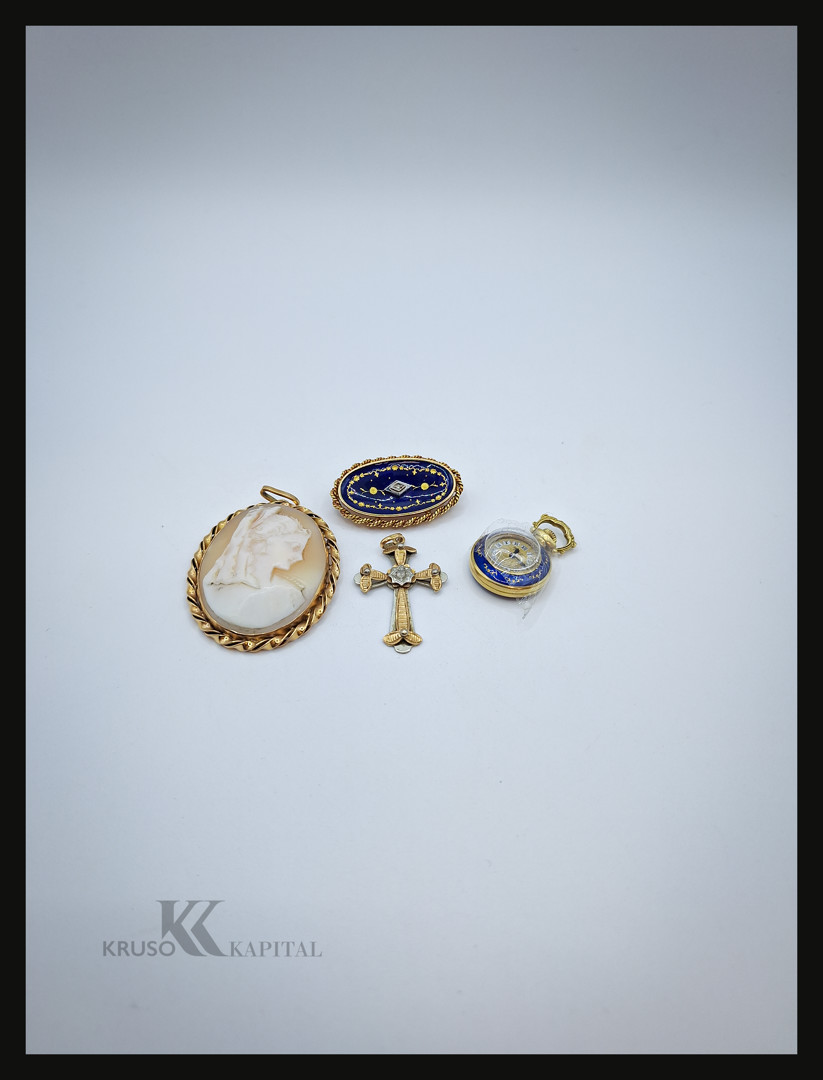 Orologio due ciondoli spilla oro pietre smalto
