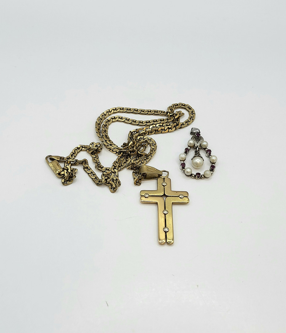 Catena croce ciondolo oro pietre perle