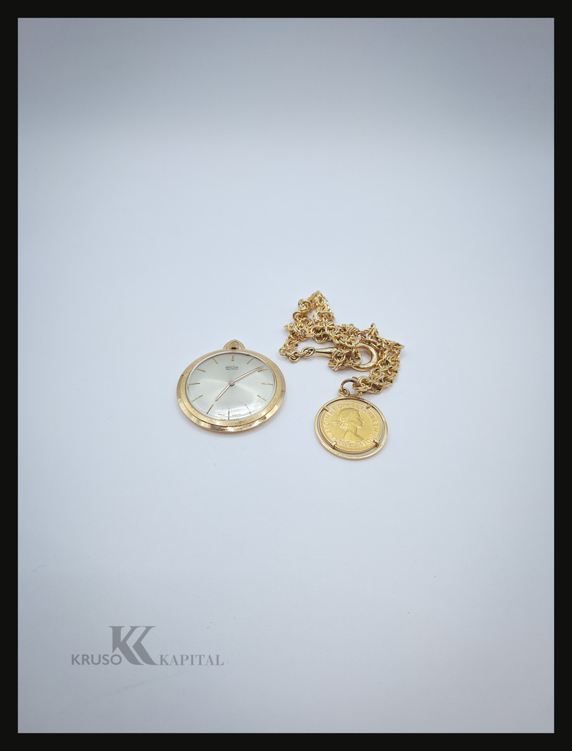 Collana oro con sterlina oro e orologio da tasca in oro 
