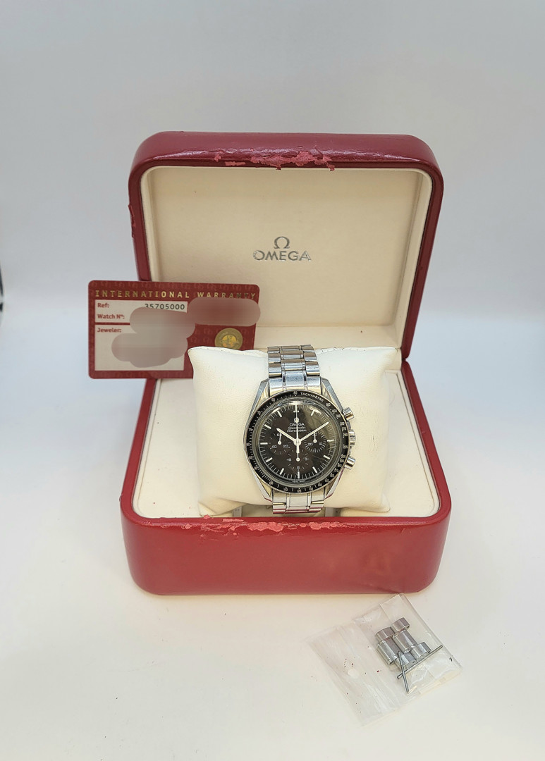 Cronografo acciaio Omega Speedmaster scatola, garanzia e maglie aggiuntive a corredo