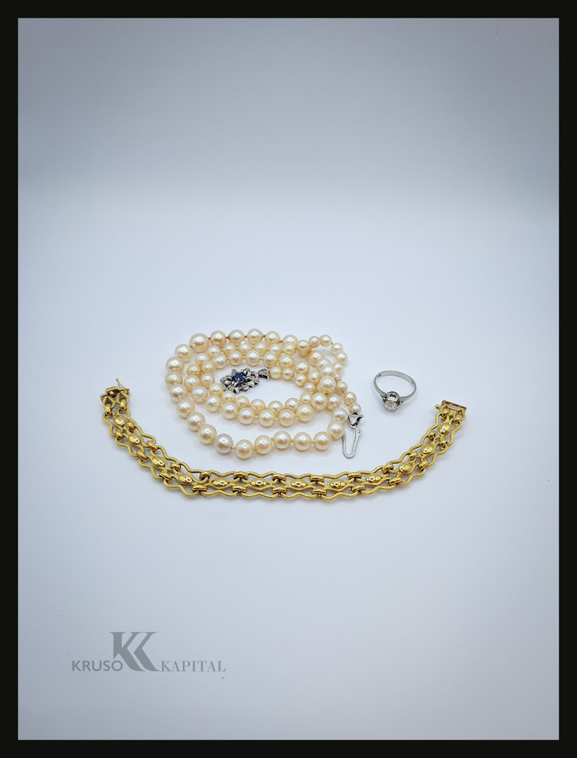 Bracciale anello e collana oro perle diamante pietra