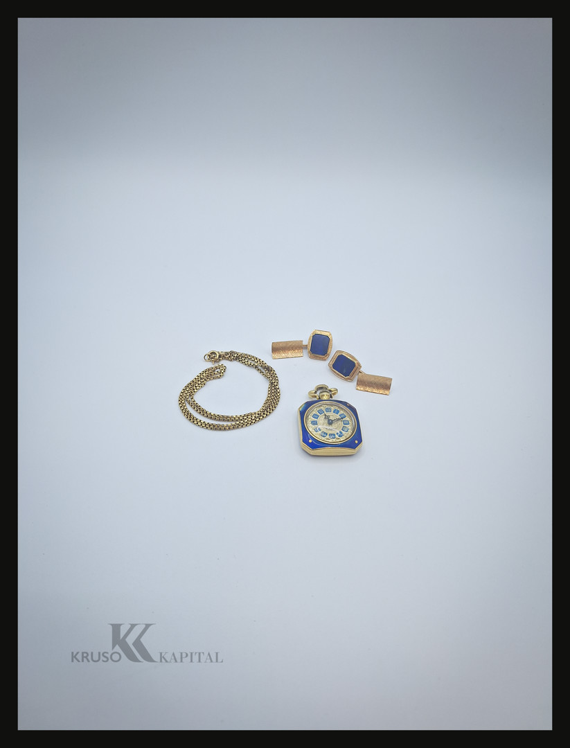 Collana due gemelli e orologio da tasca in oro pietre