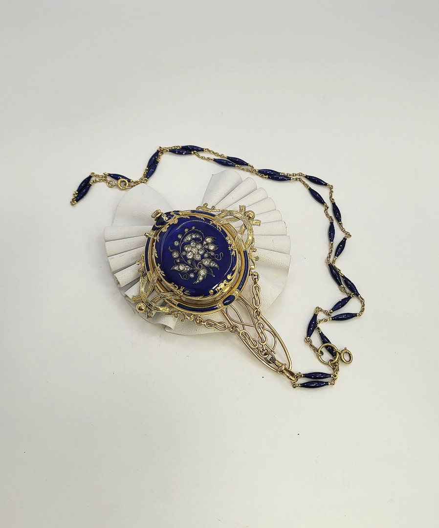 Catena con orologio da tasca oro smalti diamanti 