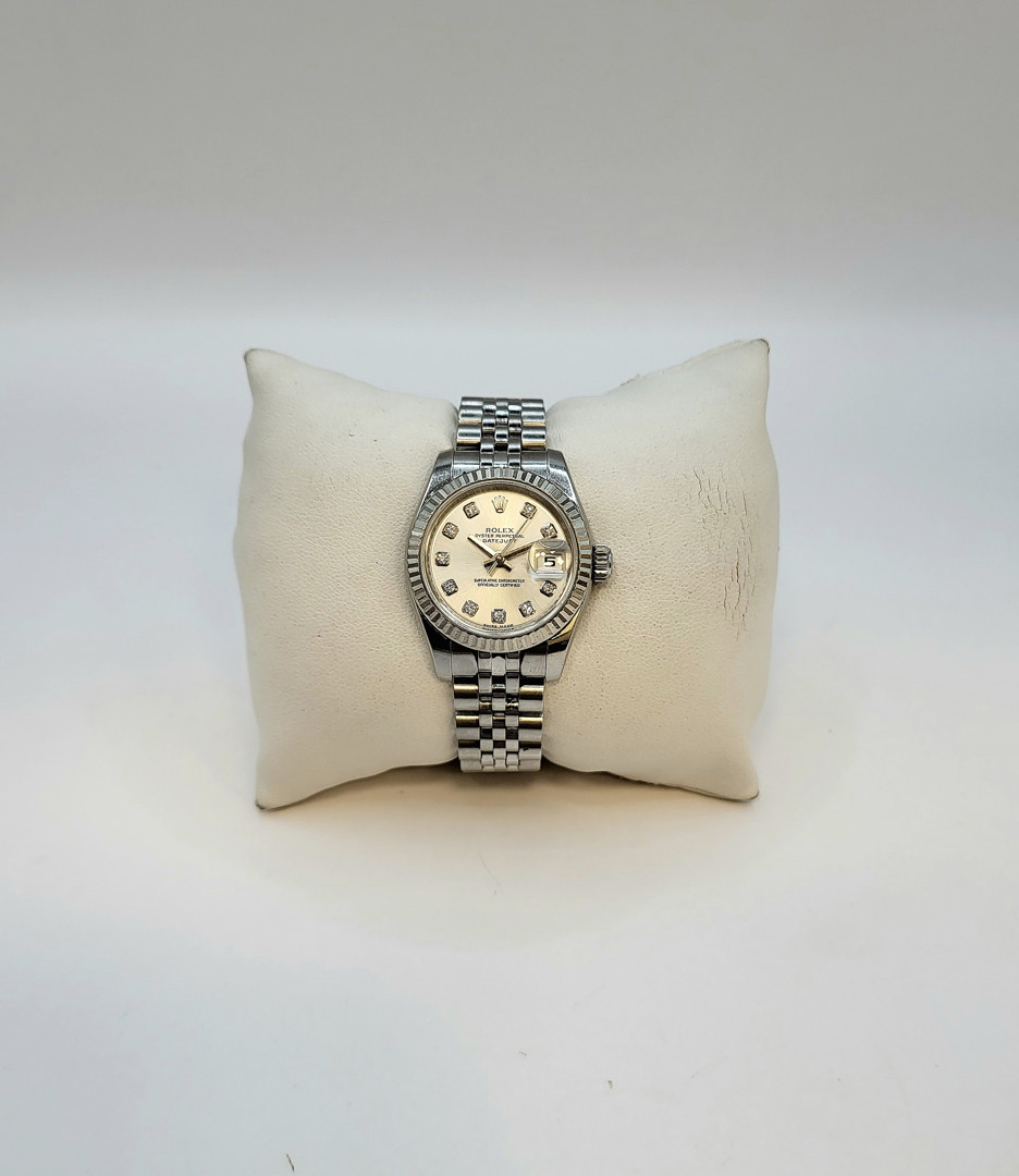 Orologio acciaio Rolex Datejust con lunetta oro e indici con diamanti