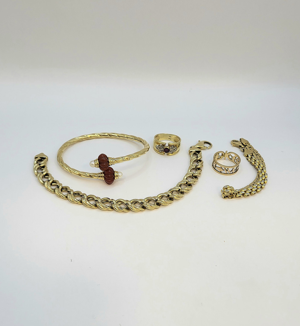 3 bracciali 2 anelli oro diamantini pietre