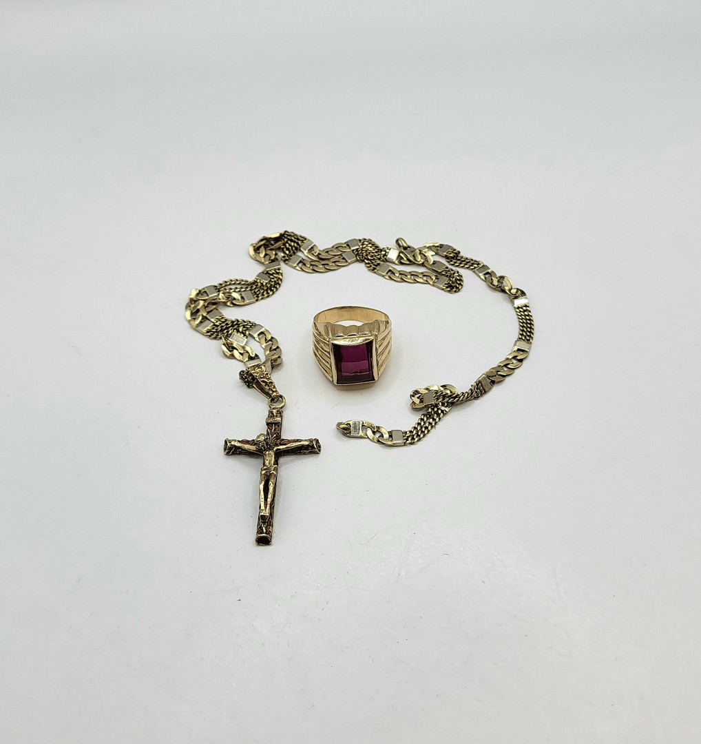 Catena croce e anello oro pietra 