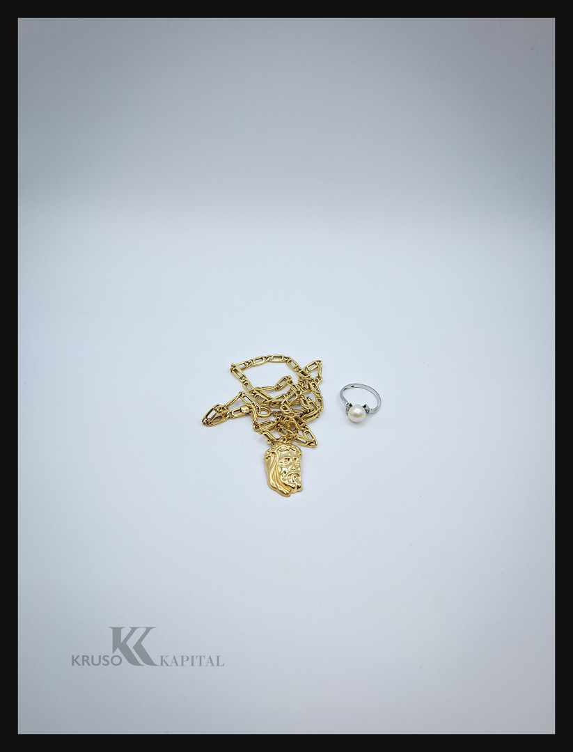 Collana ciondolo e anello oro perla diamantini