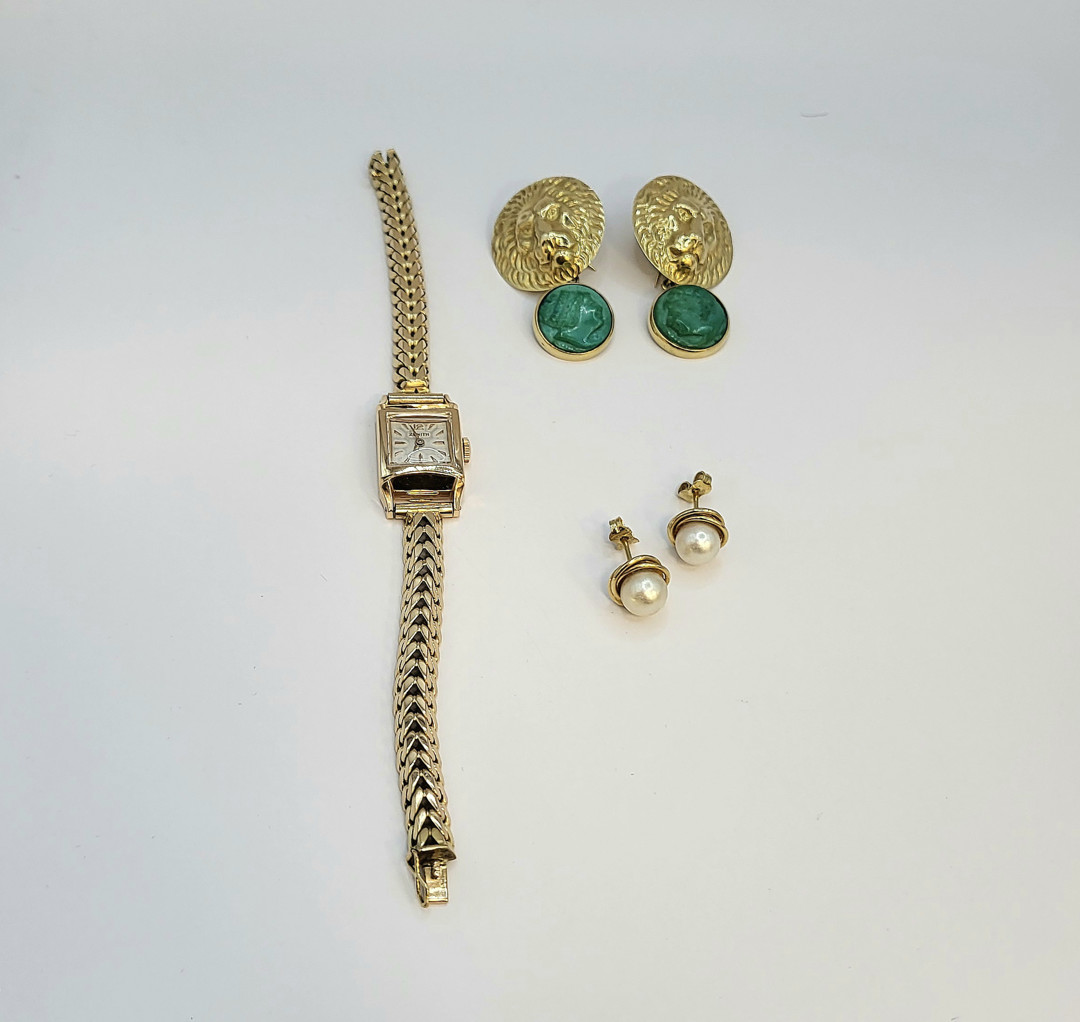 Orologio Zenith e due paia orecchini oro pietre perle 