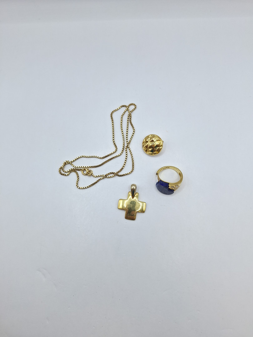 Collana croce orecchino e anello in oro pietra diamantini