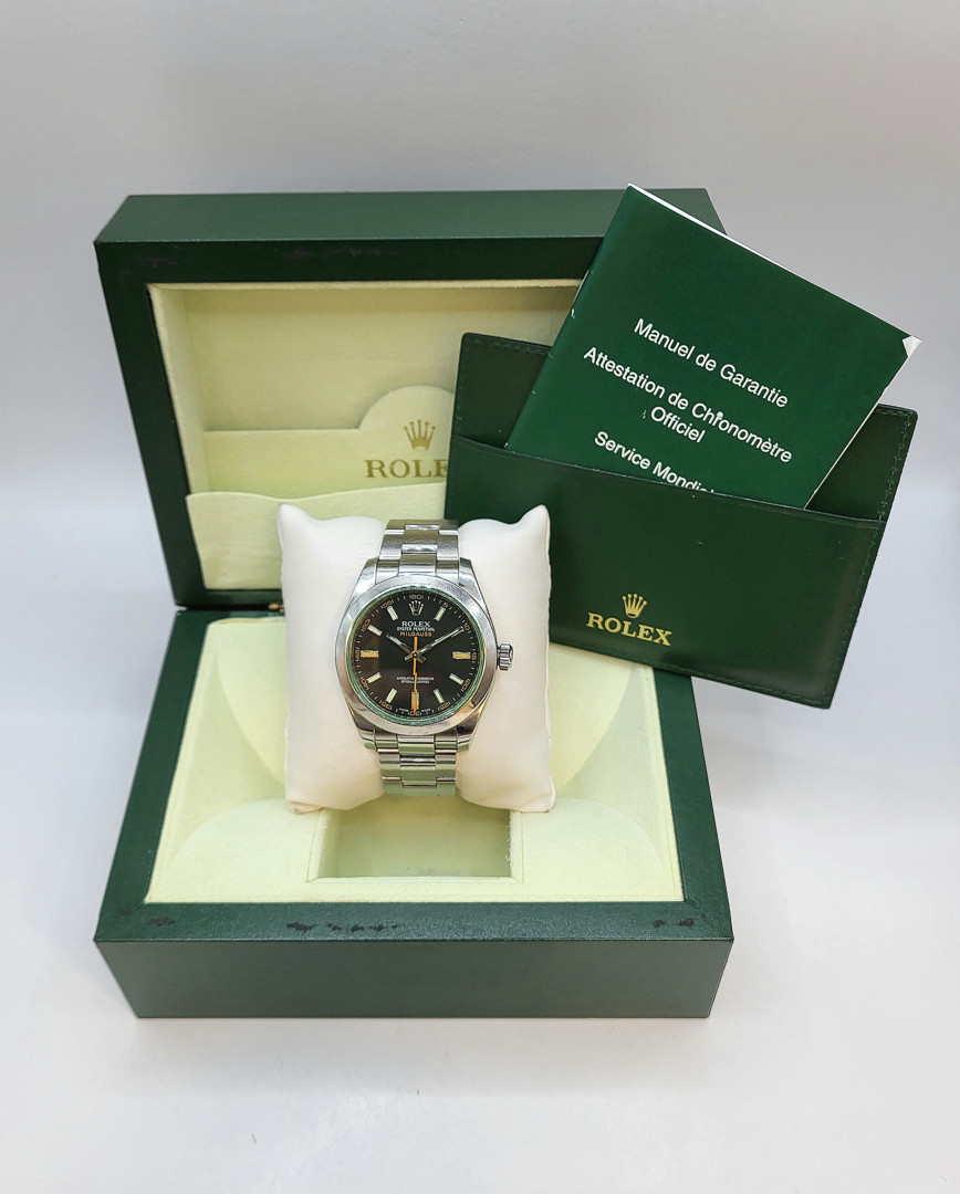Orologio acciaio Rolex Oyster Perpetual Milgauss scatola (rotta) e garanzia a corredo